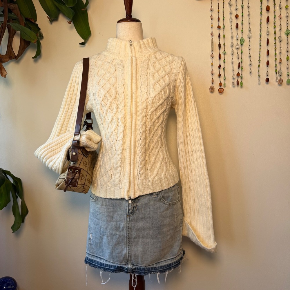 Takeout Y2K White Cable Knit Funnel Neck Zip Up Sweater Coquette Fall Mcbling L